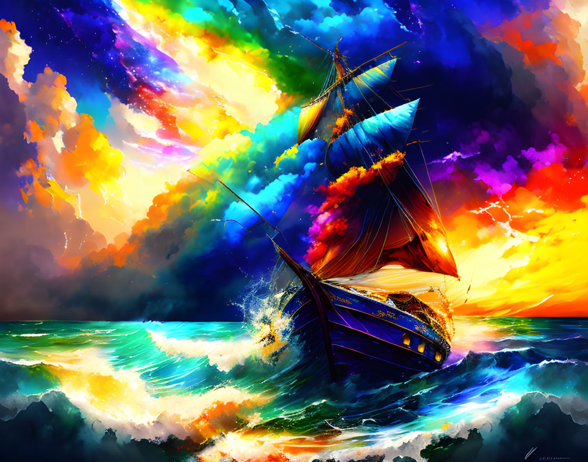 Colorful digital artwork: Tall ship on stormy seas under vibrant sunset sky