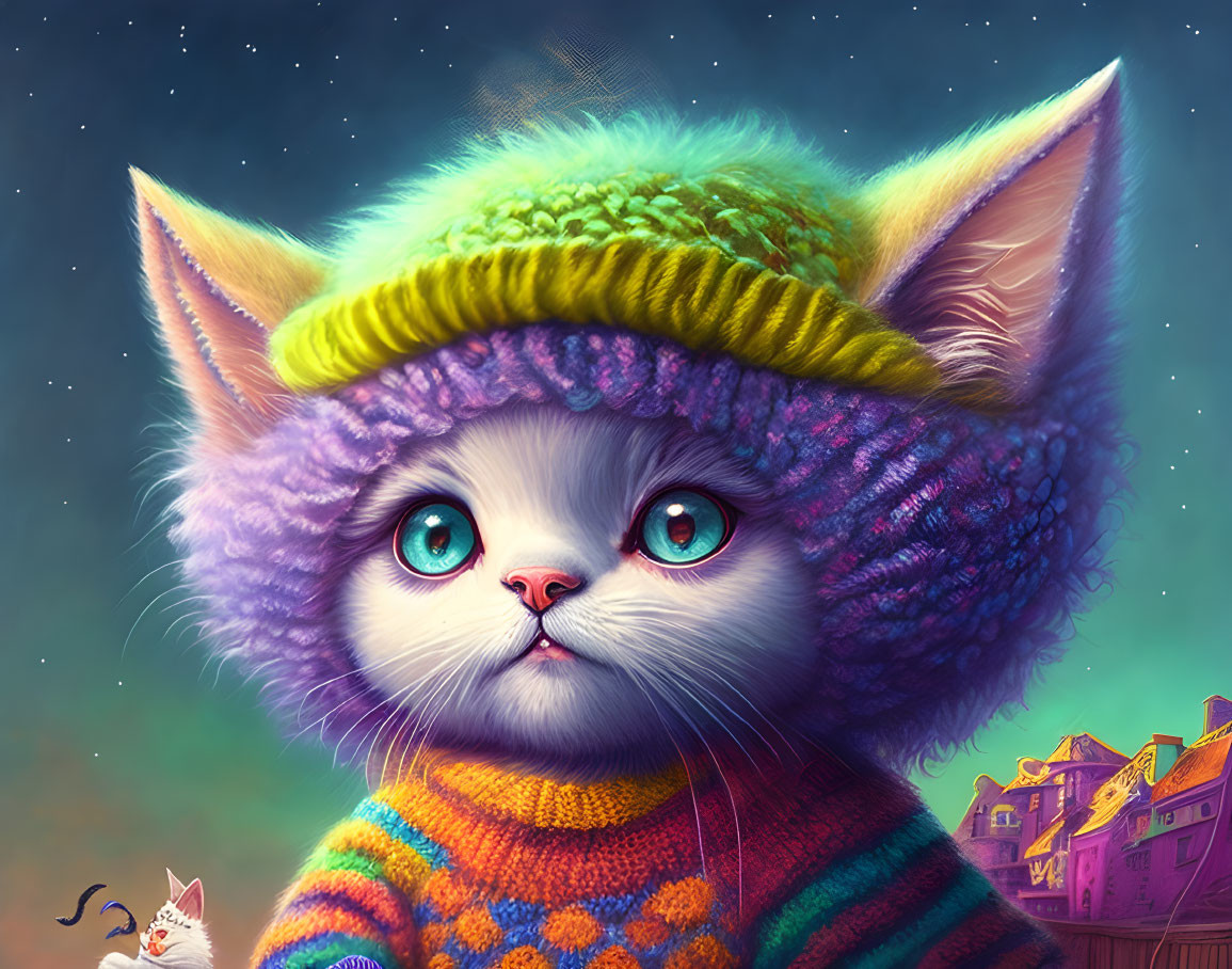 Colorful Cat Illustration in Knitted Attire with Starry Night Background