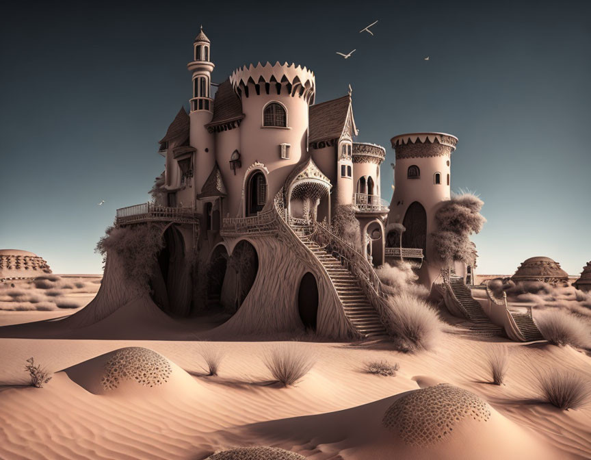 Fantasy sandcastle in surreal desert landscape with ornate towers and flying birds