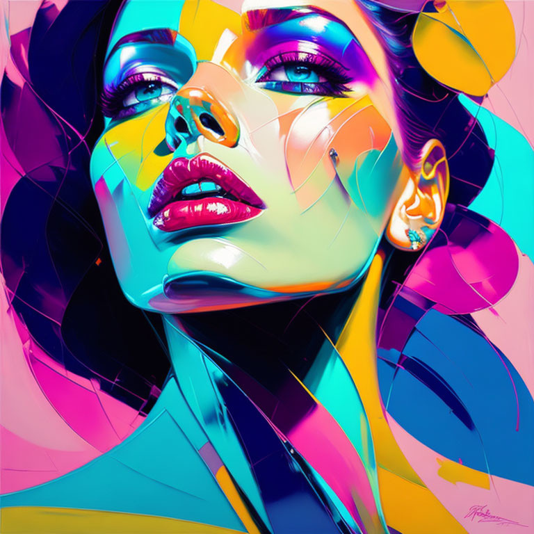 Colorful Abstract Digital Portrait of Woman with Exaggerated Features