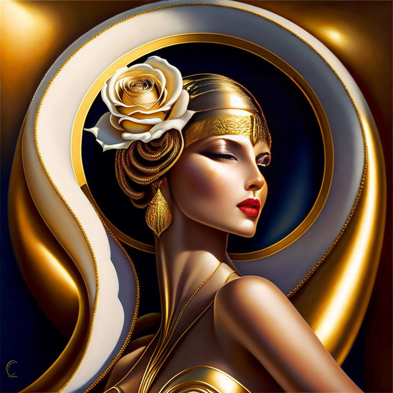 Art Deco-inspired stylized woman with golden headband and rose adornment.