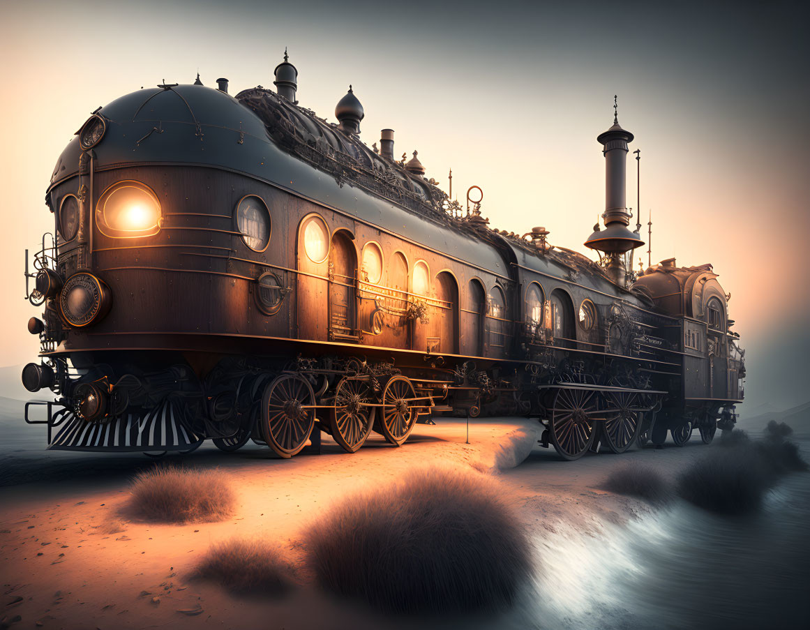 Vintage steam locomotive with illuminated headlights in desert landscape at dusk.