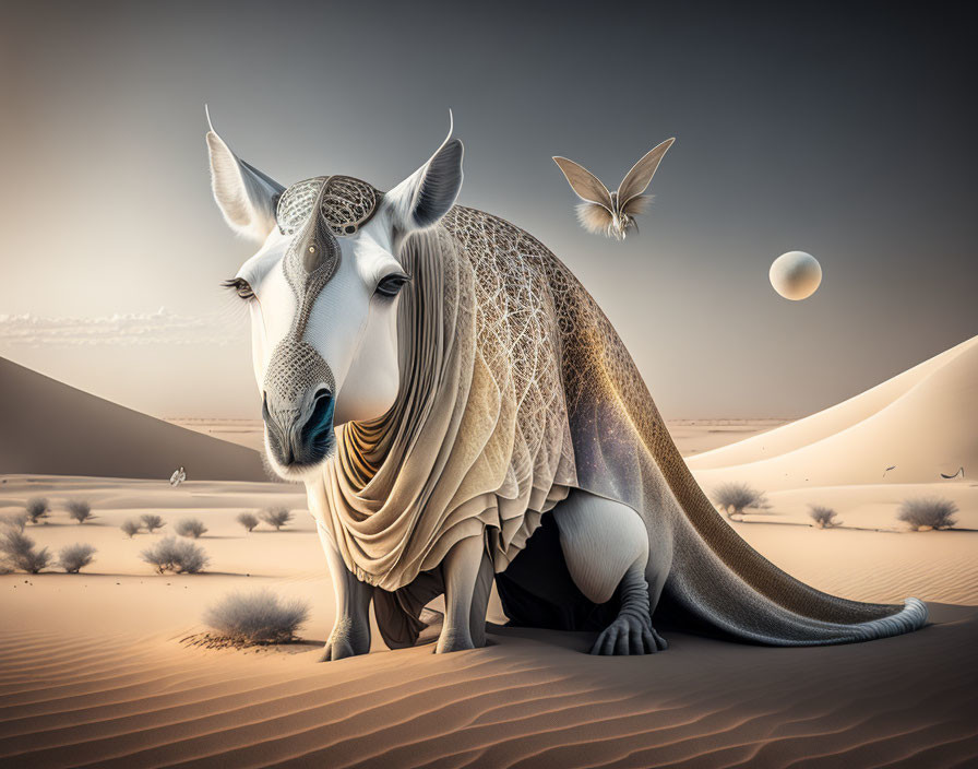 Surrealist image of armadillo-bovine creature in desert with moons.