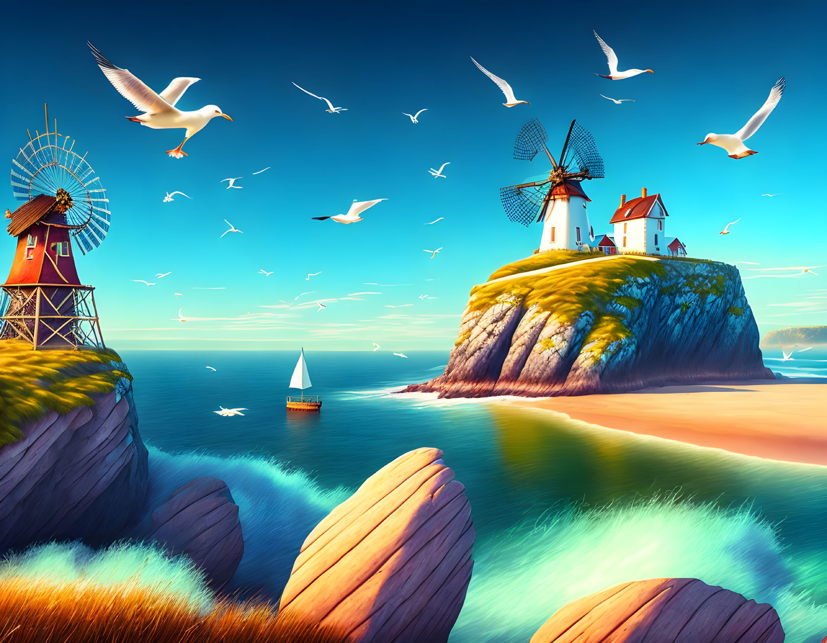 Tranquil coastal landscape with windmills, cliff, seabirds, and sailboat