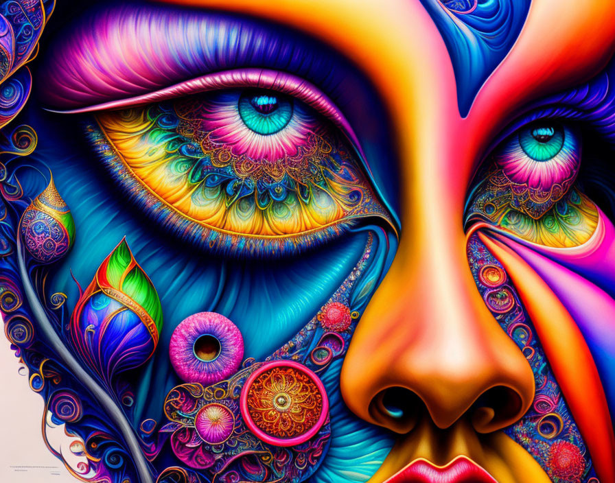 Colorful psychedelic portrait with intricate patterns on face.