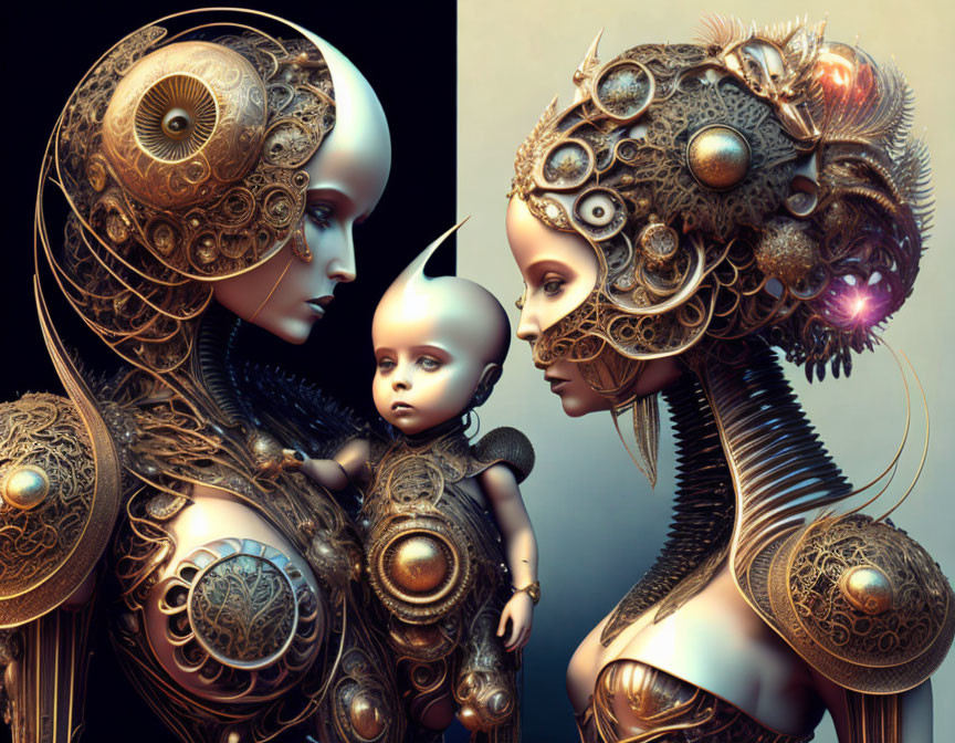 Intricate robot family portrait with detailed mechanical designs