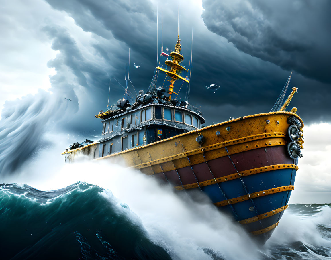 Colorful ship sailing turbulent waves under stormy sky with seagulls - Seascape art.