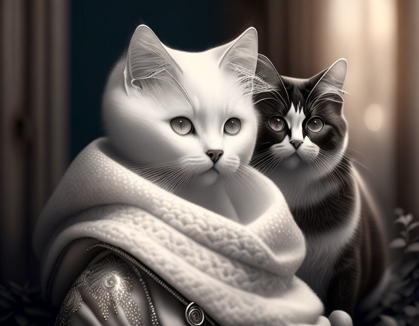 Two Cats Snuggled in Blanket: White and Black & White Cats Relaxing