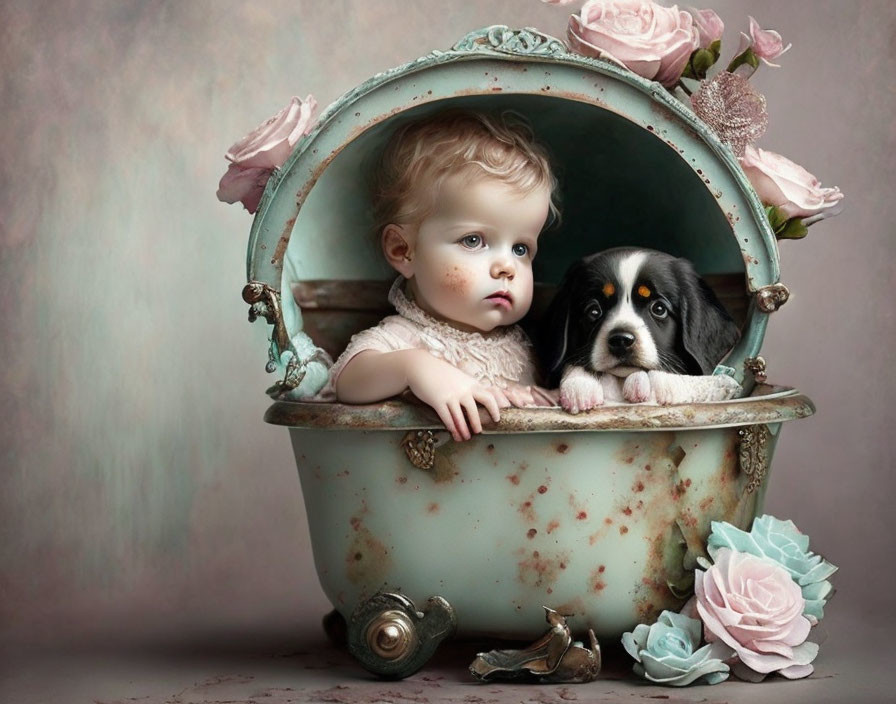 Toddler and puppy in vintage bathtub with flowers