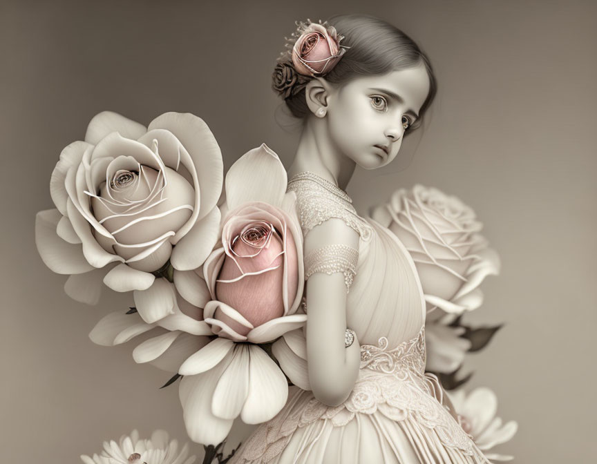 Sepia-Toned Artistic Representation of Young Girl with Integrated Flowers