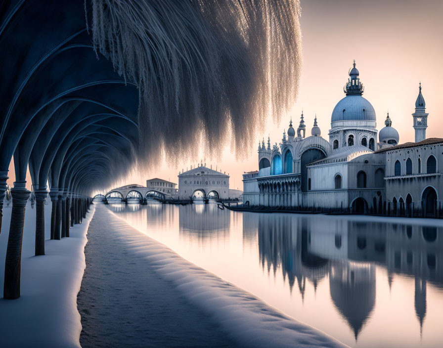 Impressive white building with domes reflected in still water and arched walkway