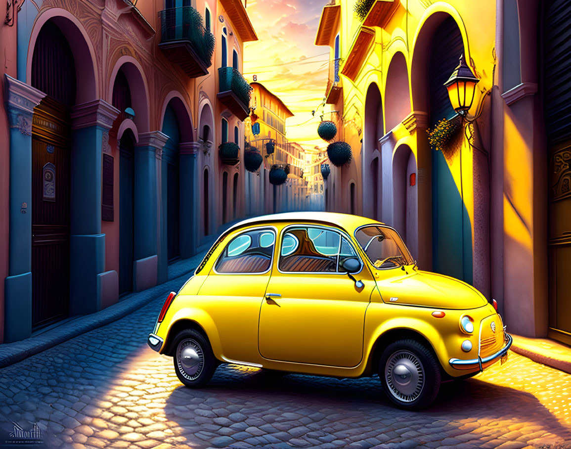 Colorful vintage car on cobblestone street at sunset