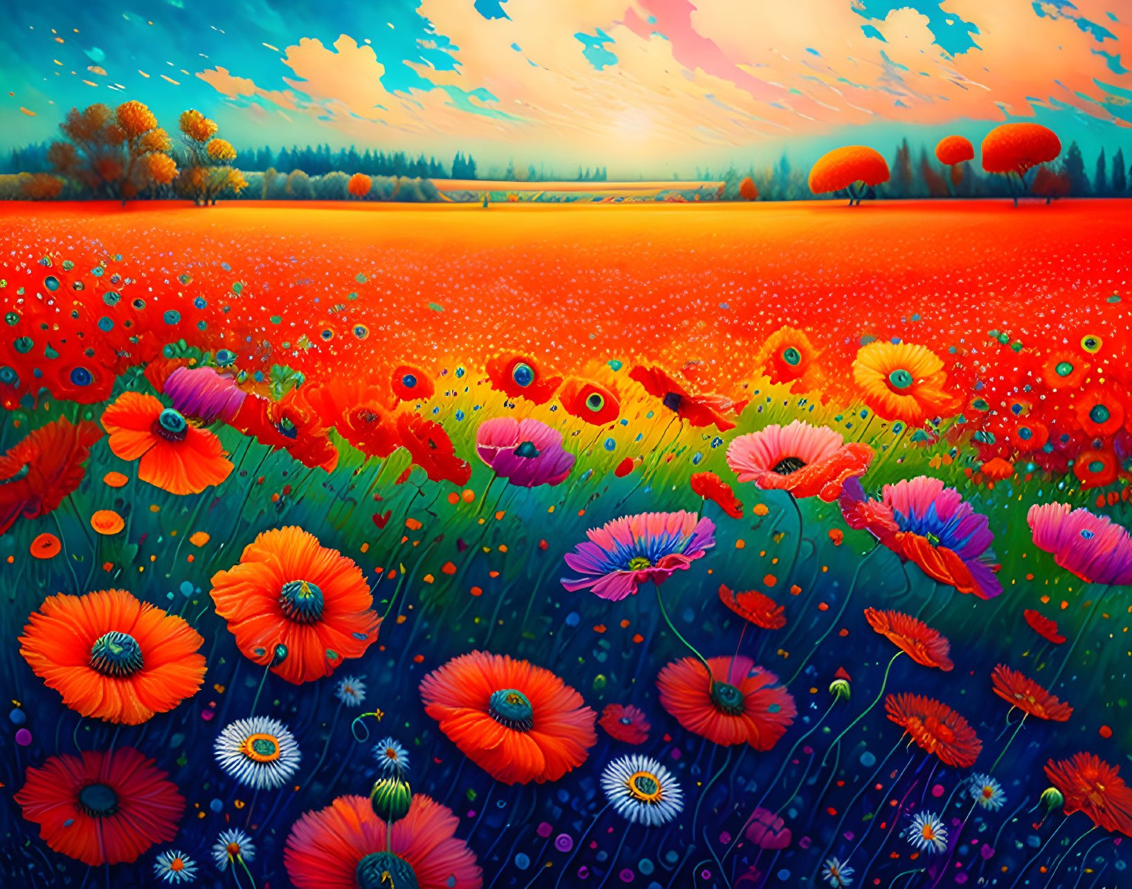 Colorful painting of red poppies in lush field under sunset sky