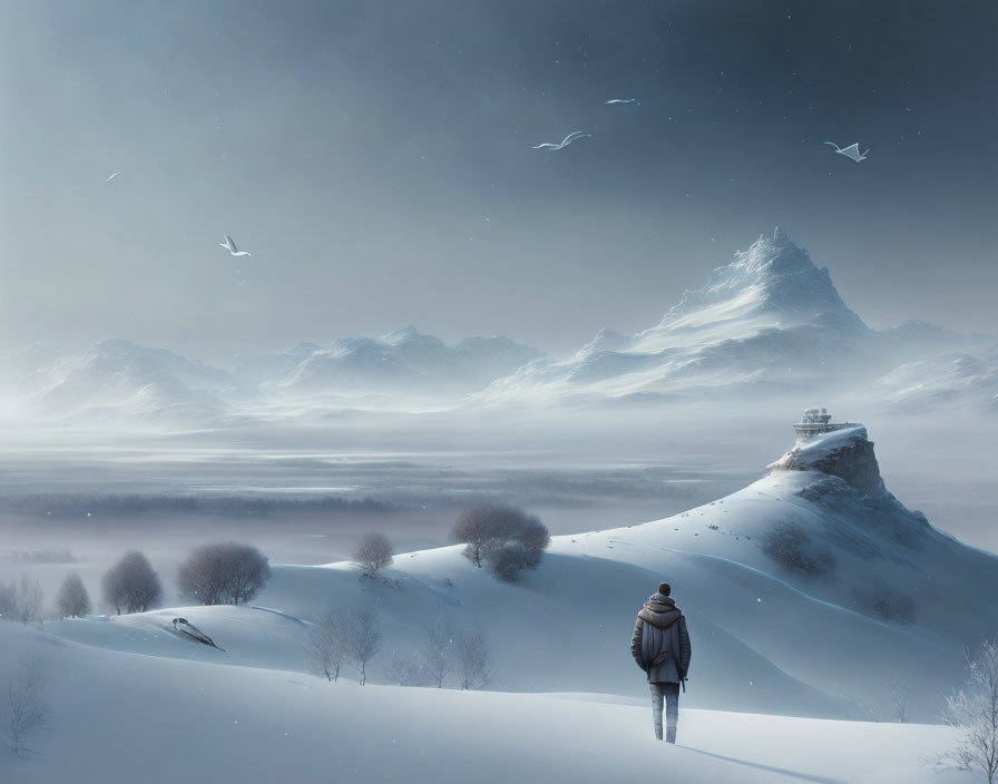 Solitary figure in snowy landscape with mountains and birds