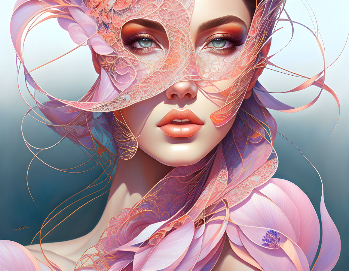 Detailed digital portrait with swirling pink lace-like patterns and delicate floral elements.