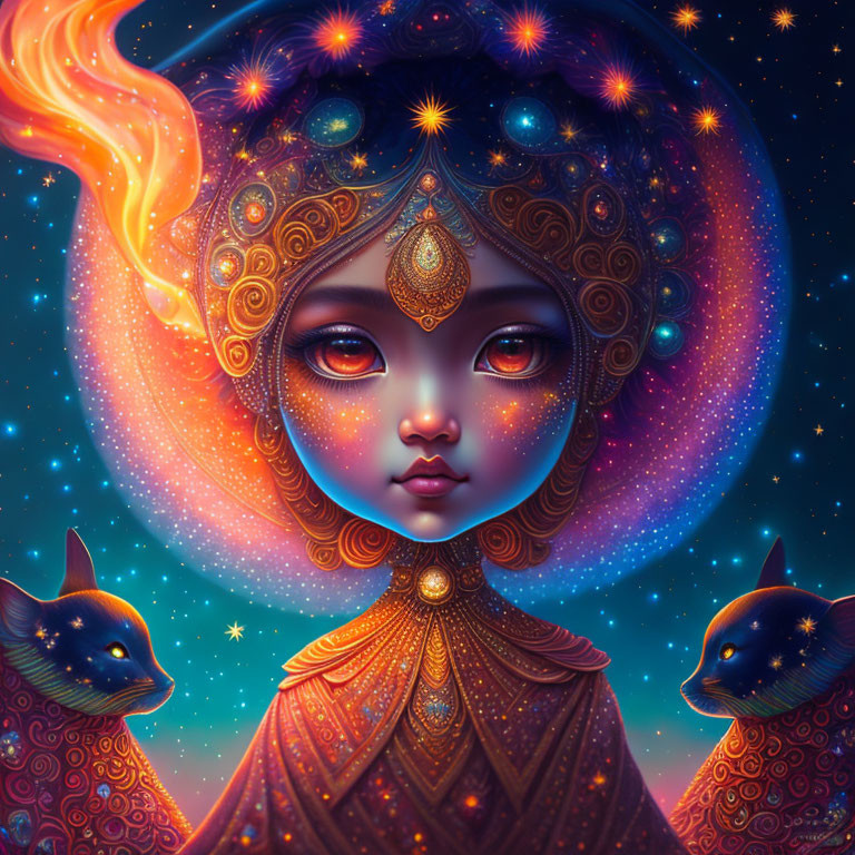 Fantastical portrait of girl with cosmic halo, fiery hair, stars, ornate jewelry, and