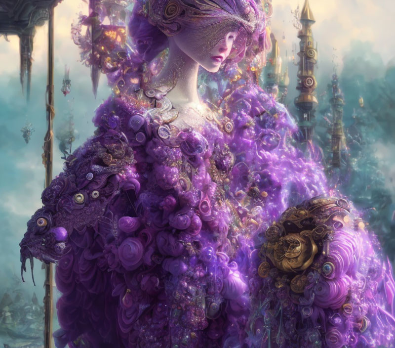 Fantasy illustration of woman in purple floral gown in mystical setting