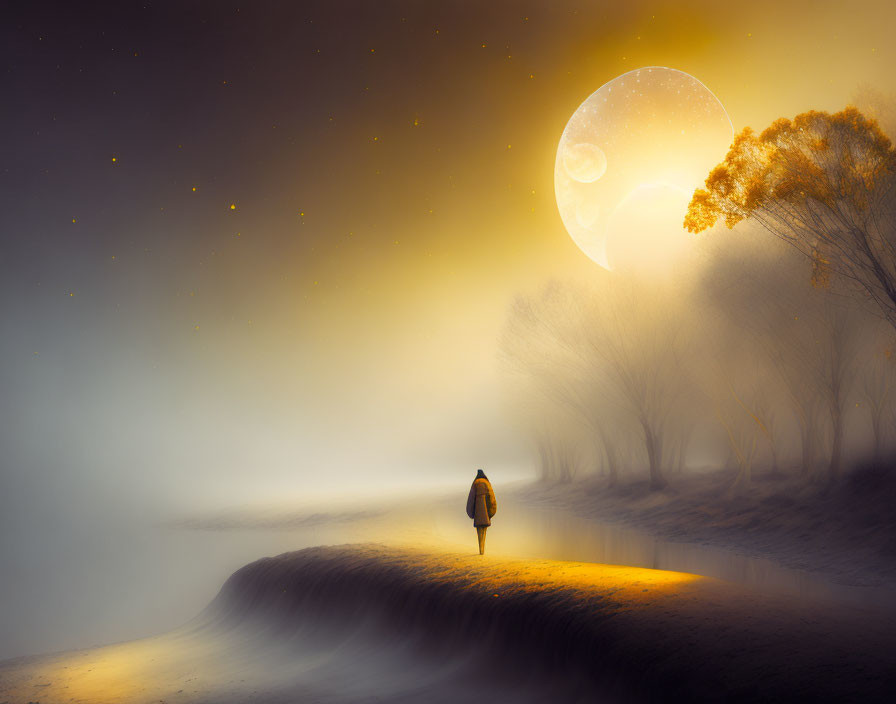 Person walking on misty path by river under large moon and starry sky