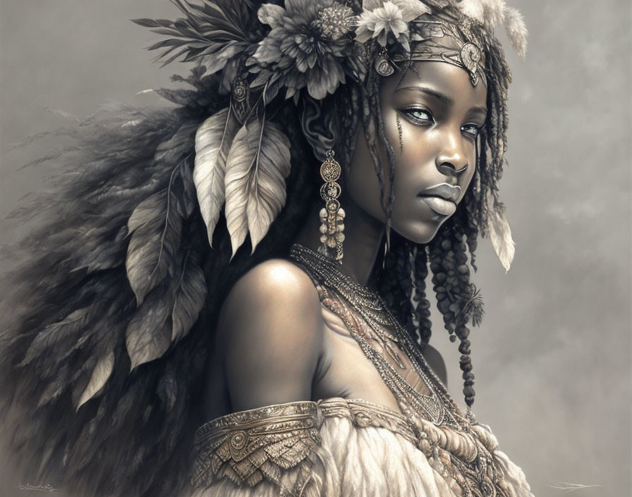 Young woman in ornate feather headdress and jewelry - digital painting