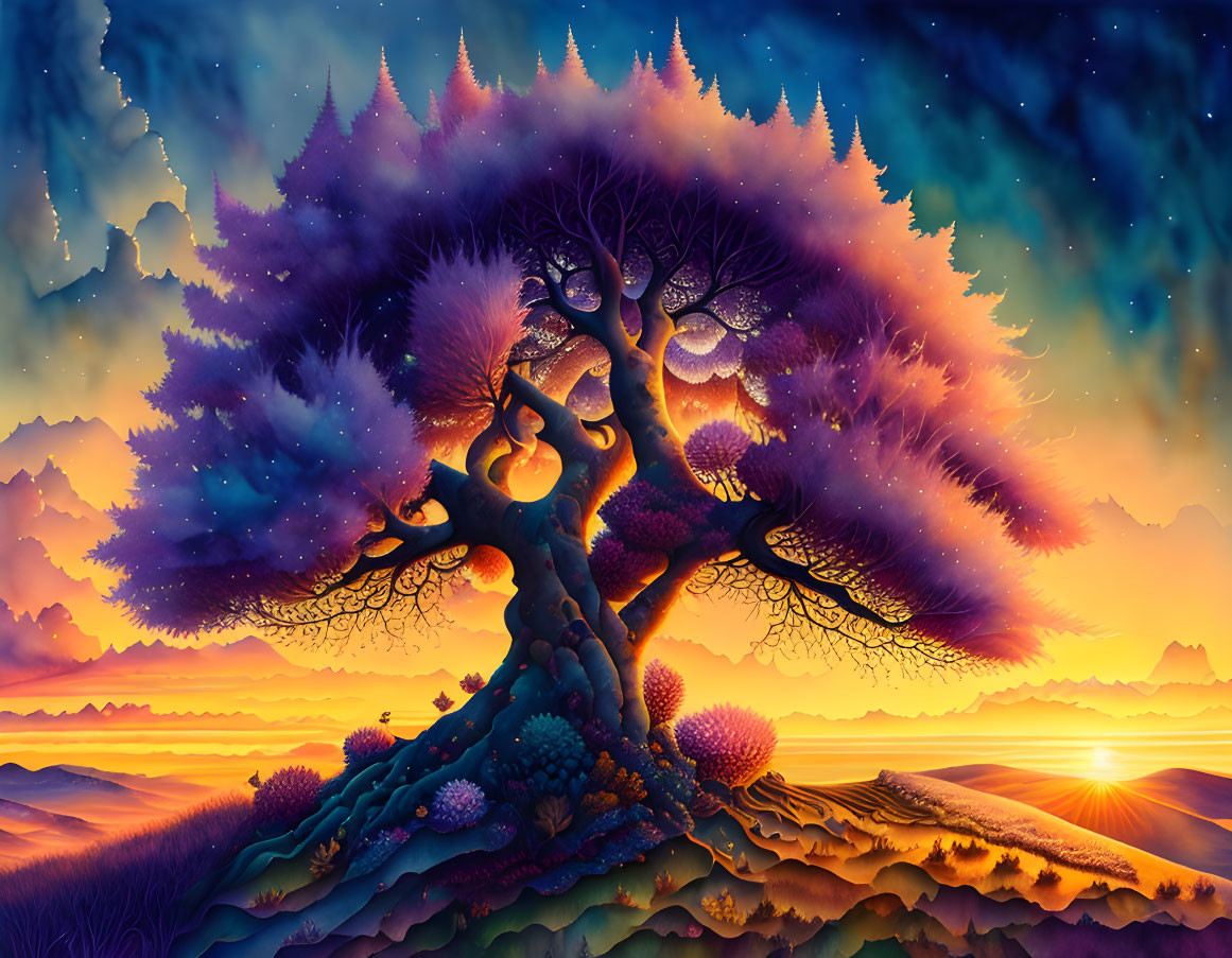 Majestic tree in vibrant fantasy landscape