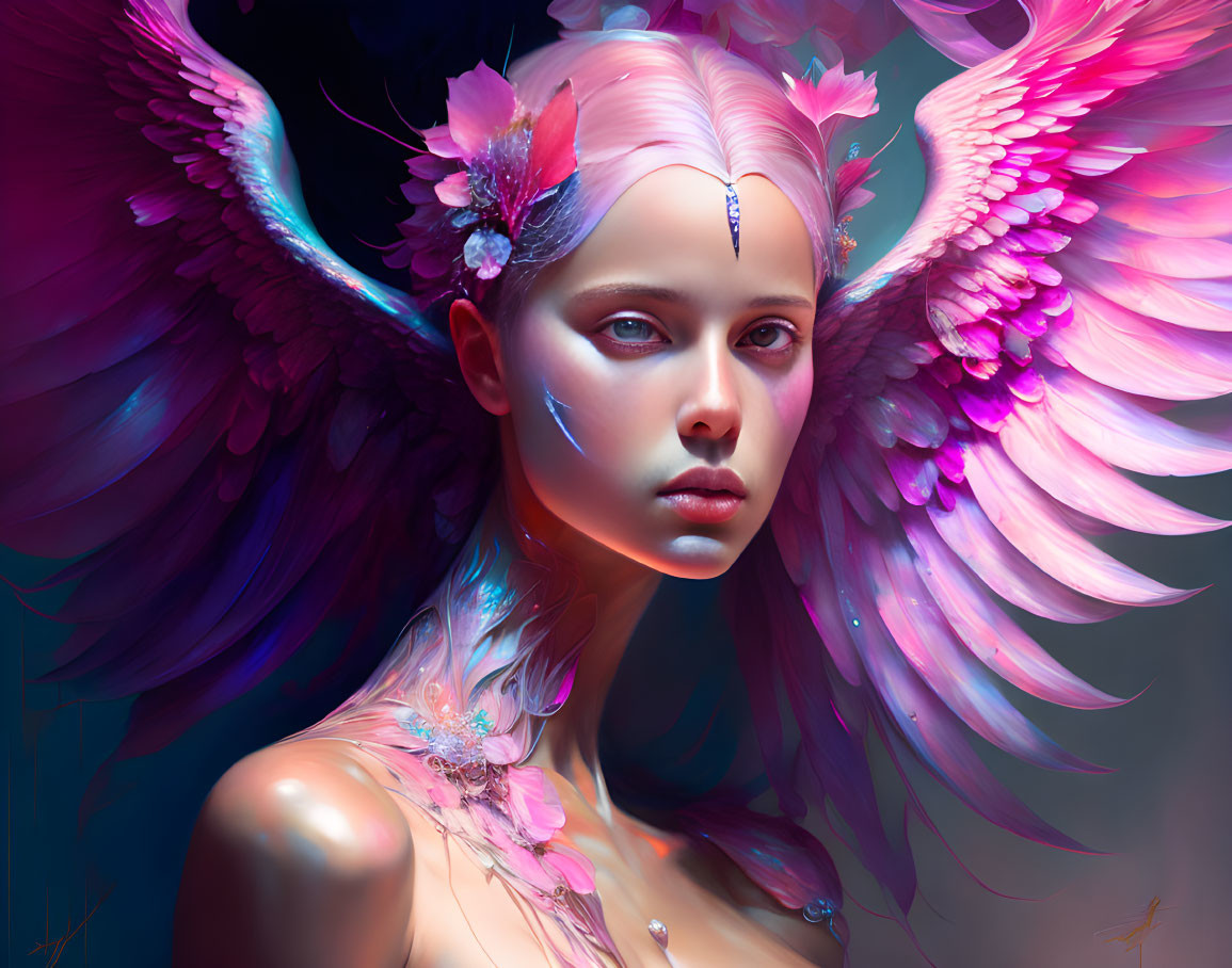 Vibrant pink-winged female figure with feathered hair and mystical gem