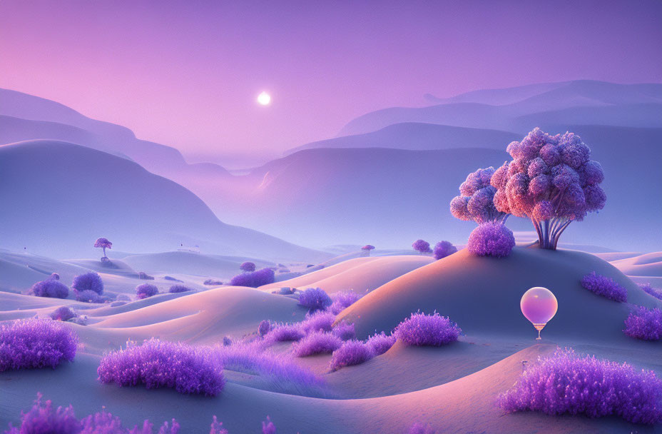 Tranquil fantasy landscape with purple foliage and heart-shaped balloon