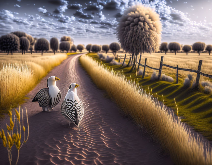 Colorful birds in surreal landscape with round trees and fluffy clouds