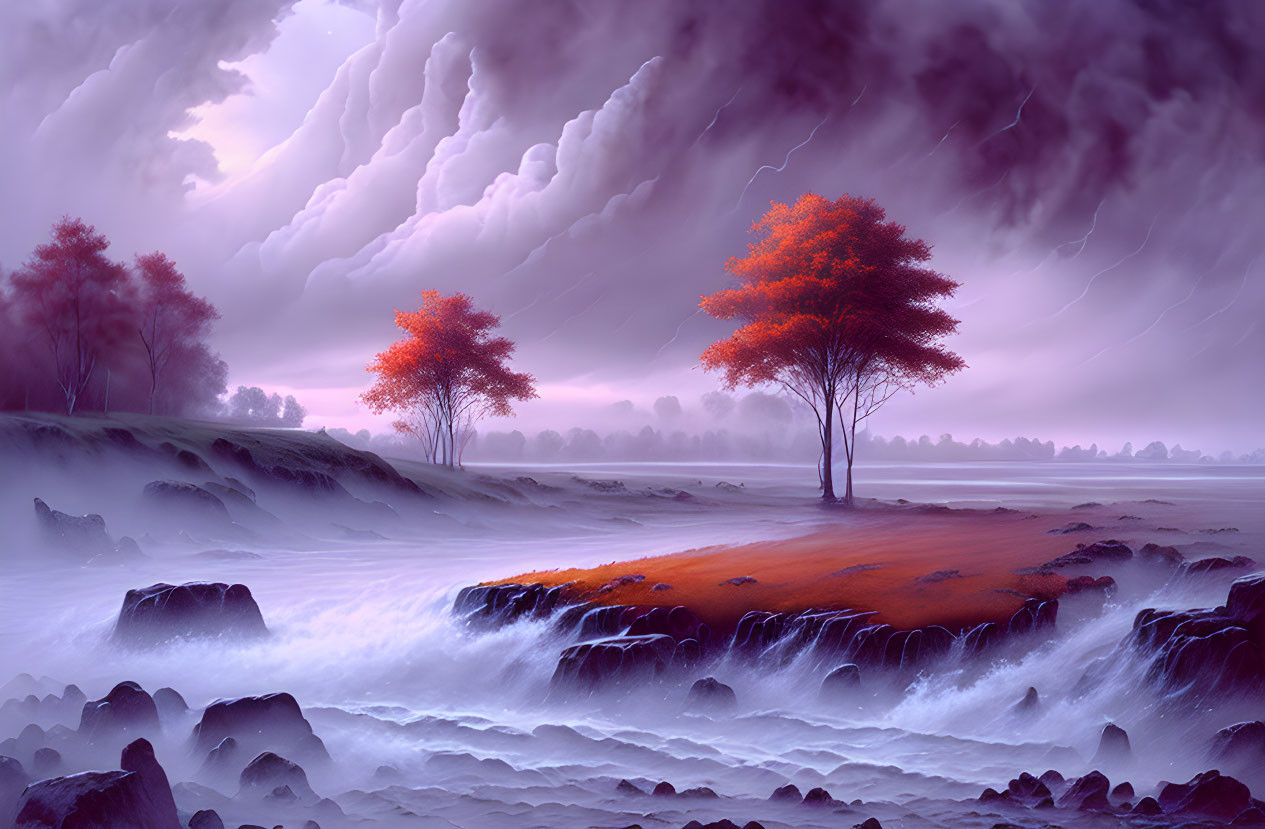 Surreal landscape with crimson trees, storm clouds, misty terrain, rocks, flowing water