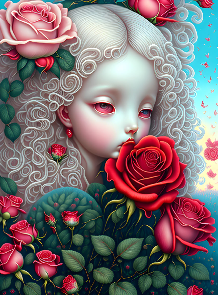 Surrealist illustration of pale girl with swirling white hair and red roses on blue backdrop