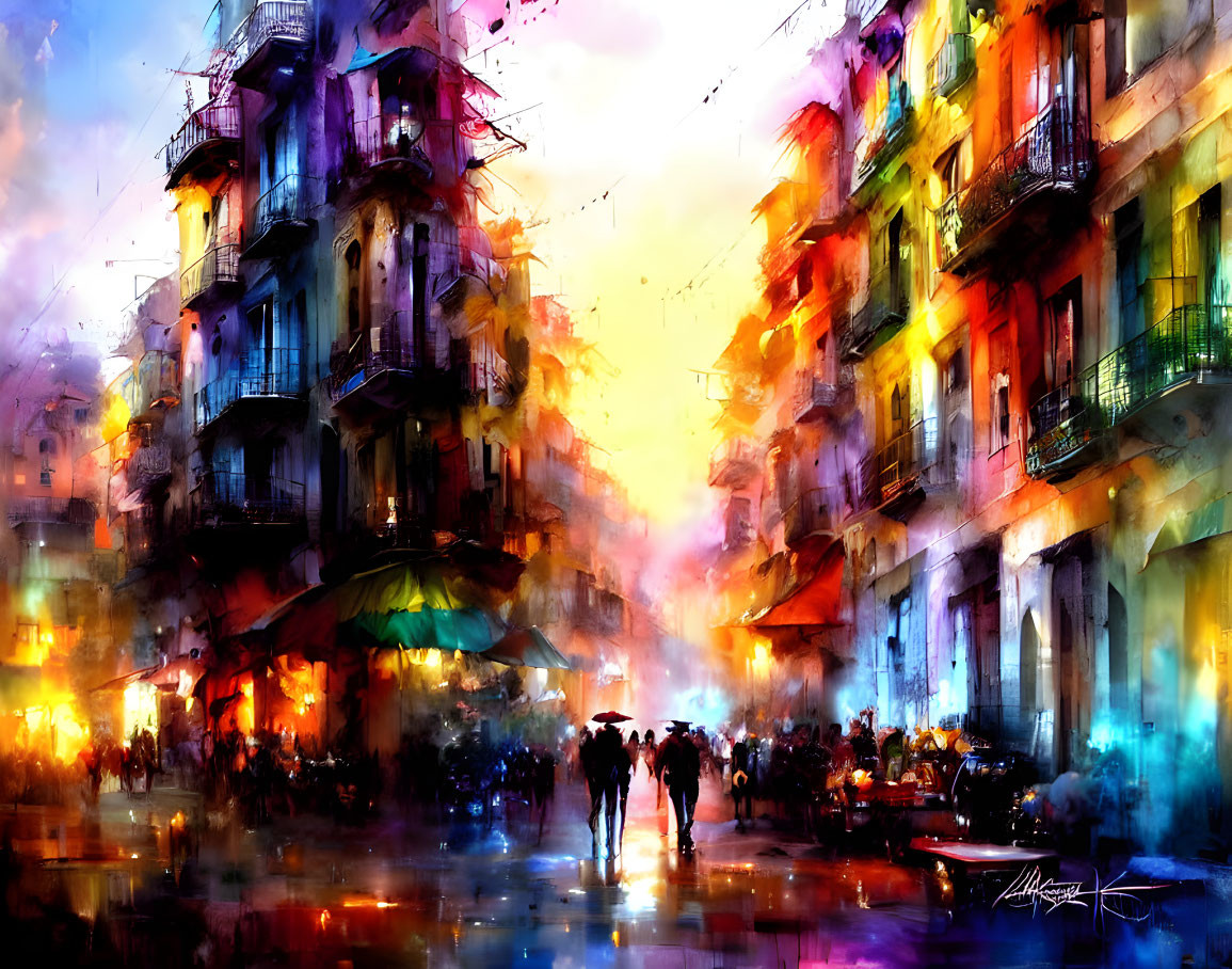 Vibrant digital painting of bustling street scene