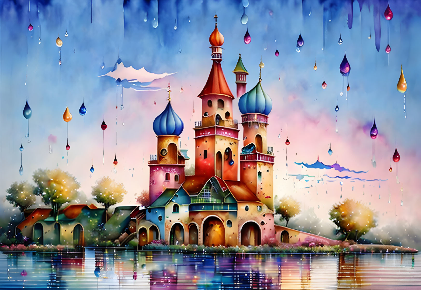 Whimsical fairytale castle painting with vibrant towers and bird silhouettes