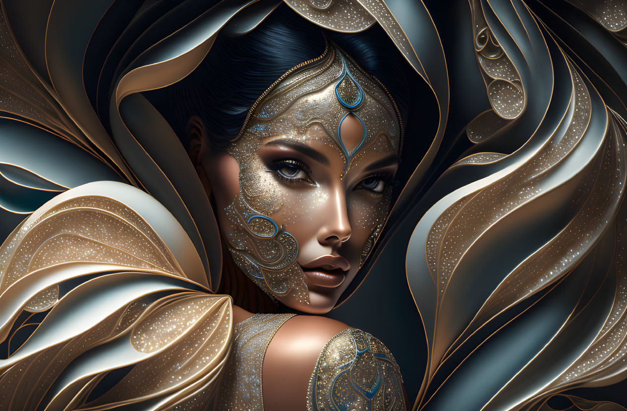 Digital Artwork: Woman with Gold and Blue Patterns in Fantasy/Sci-Fi Theme