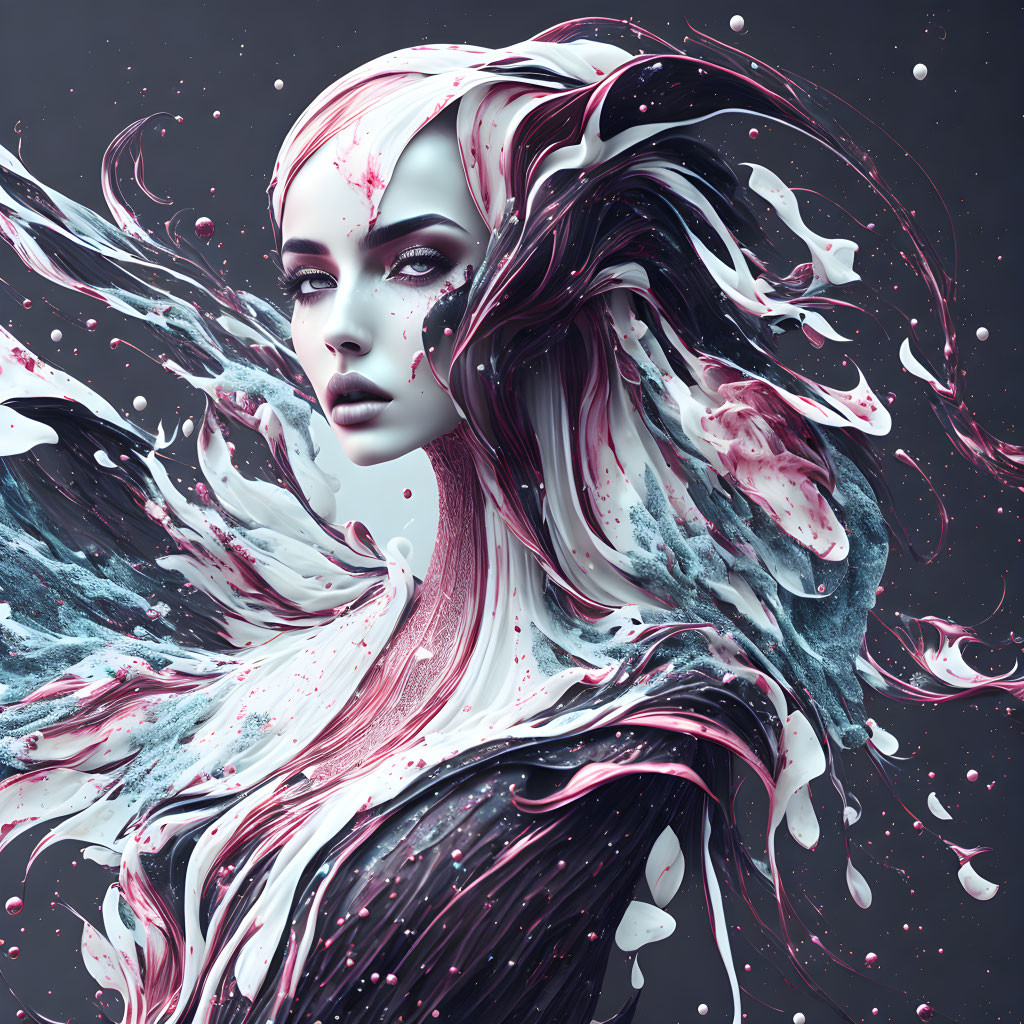 Dynamic swirling hair digital artwork in black, white, and pink against starry backdrop