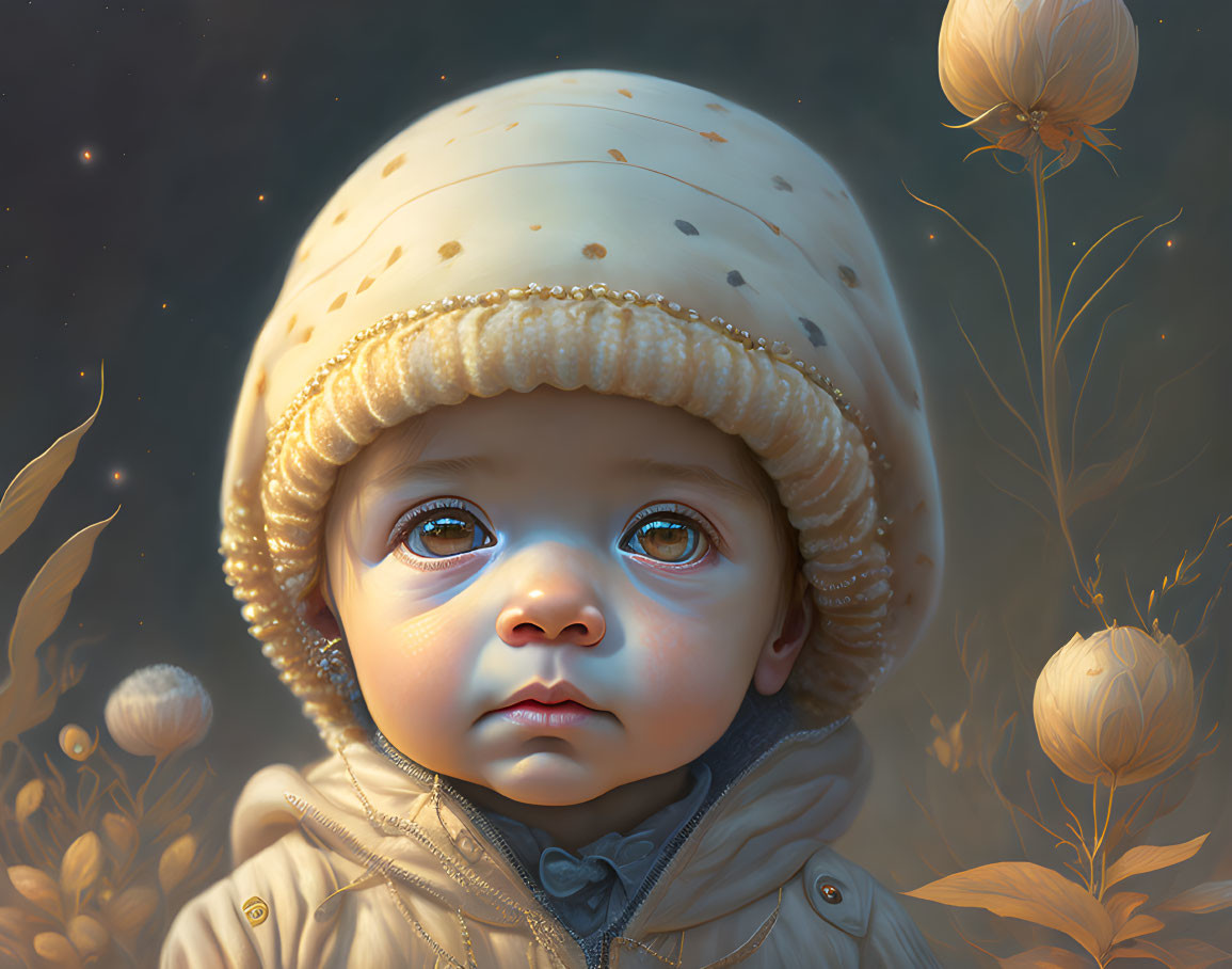 Toddler in Cream Knit Hat Surrounded by Golden Flowers