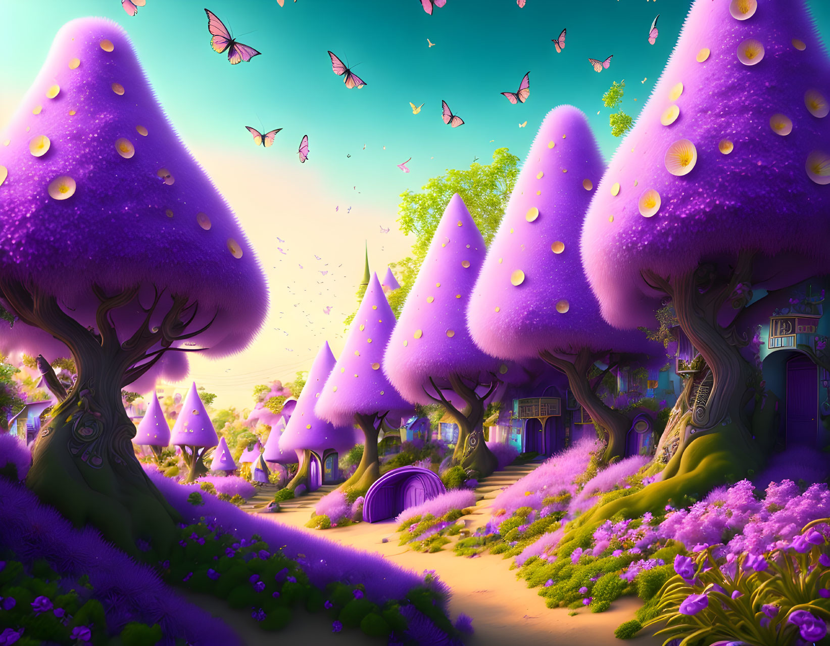 Fantasy landscape with purple trees, glowing butterflies, quaint house, and magical forest path at sunset