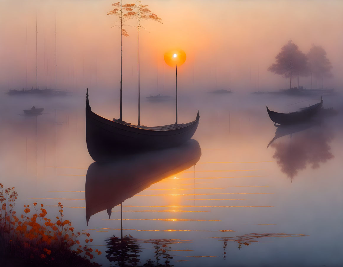 Boats on Calm Water at Sunrise with Mist and Sun Glow