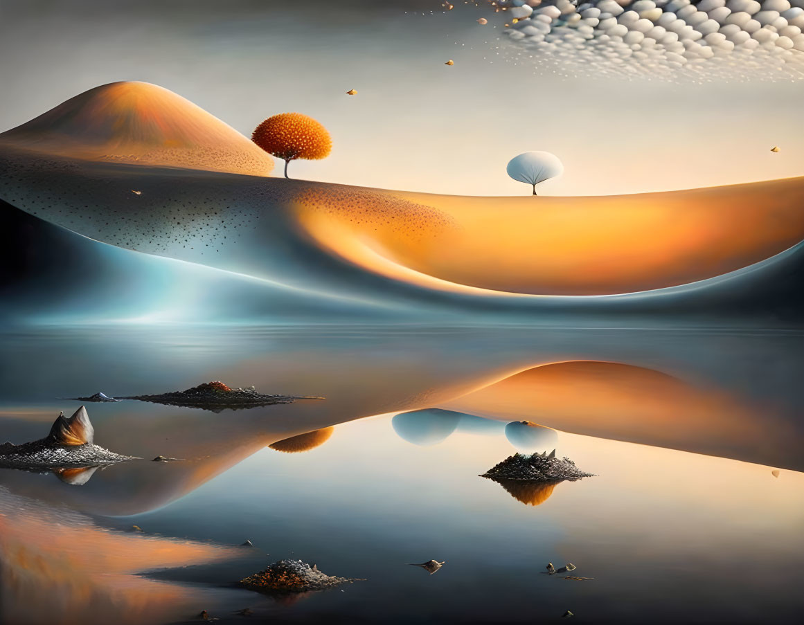 Surreal landscape with smooth hills, reflective lake, solitary tree, and floating orbs in twilight.