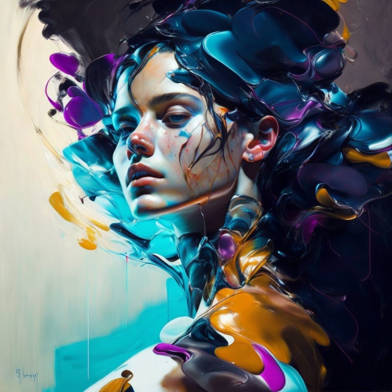 Vibrant surreal portrait of a woman with flowing colors and abstract shapes