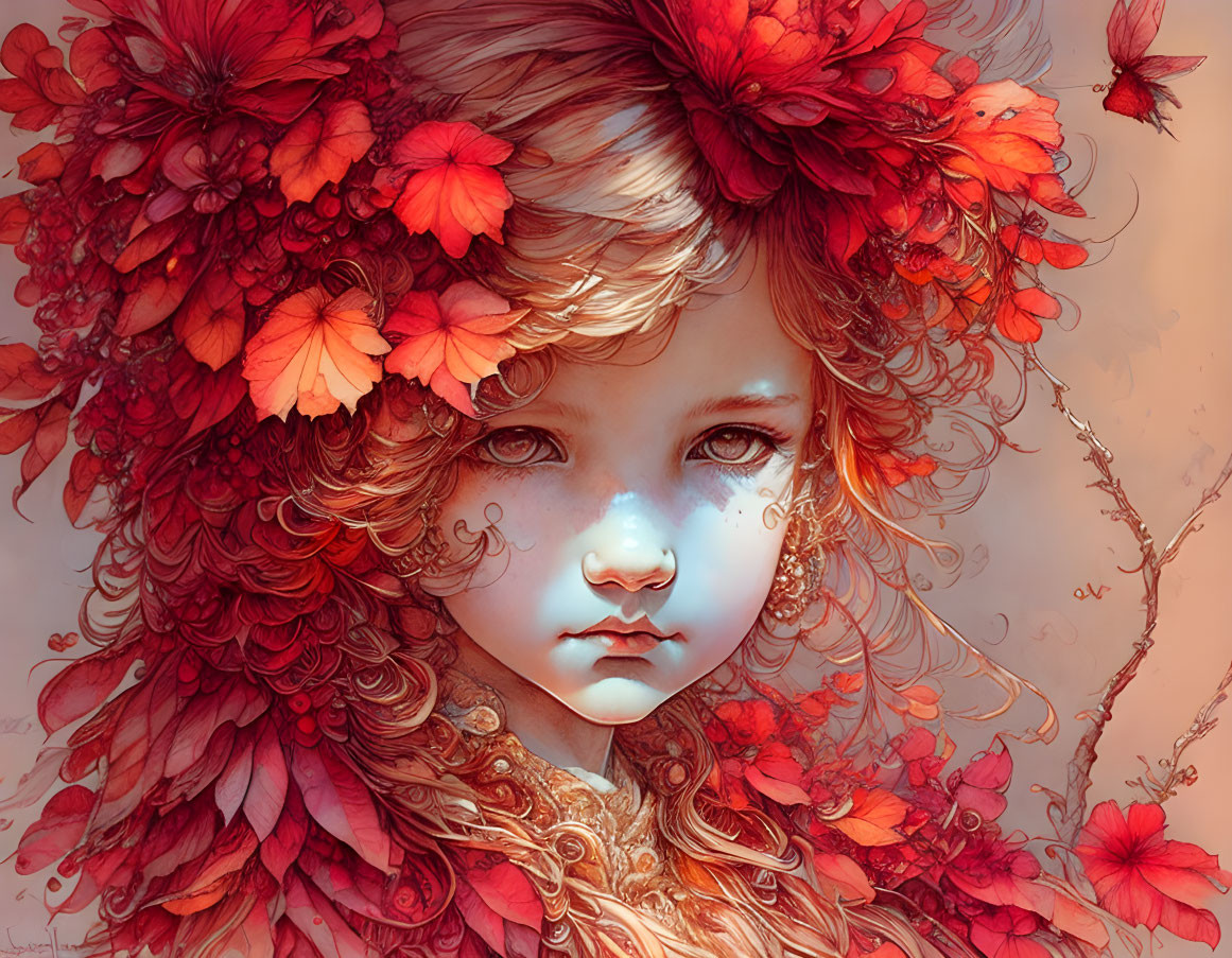 Child with Curly Hair and Red Flowers in Fairy-Tale Digital Art