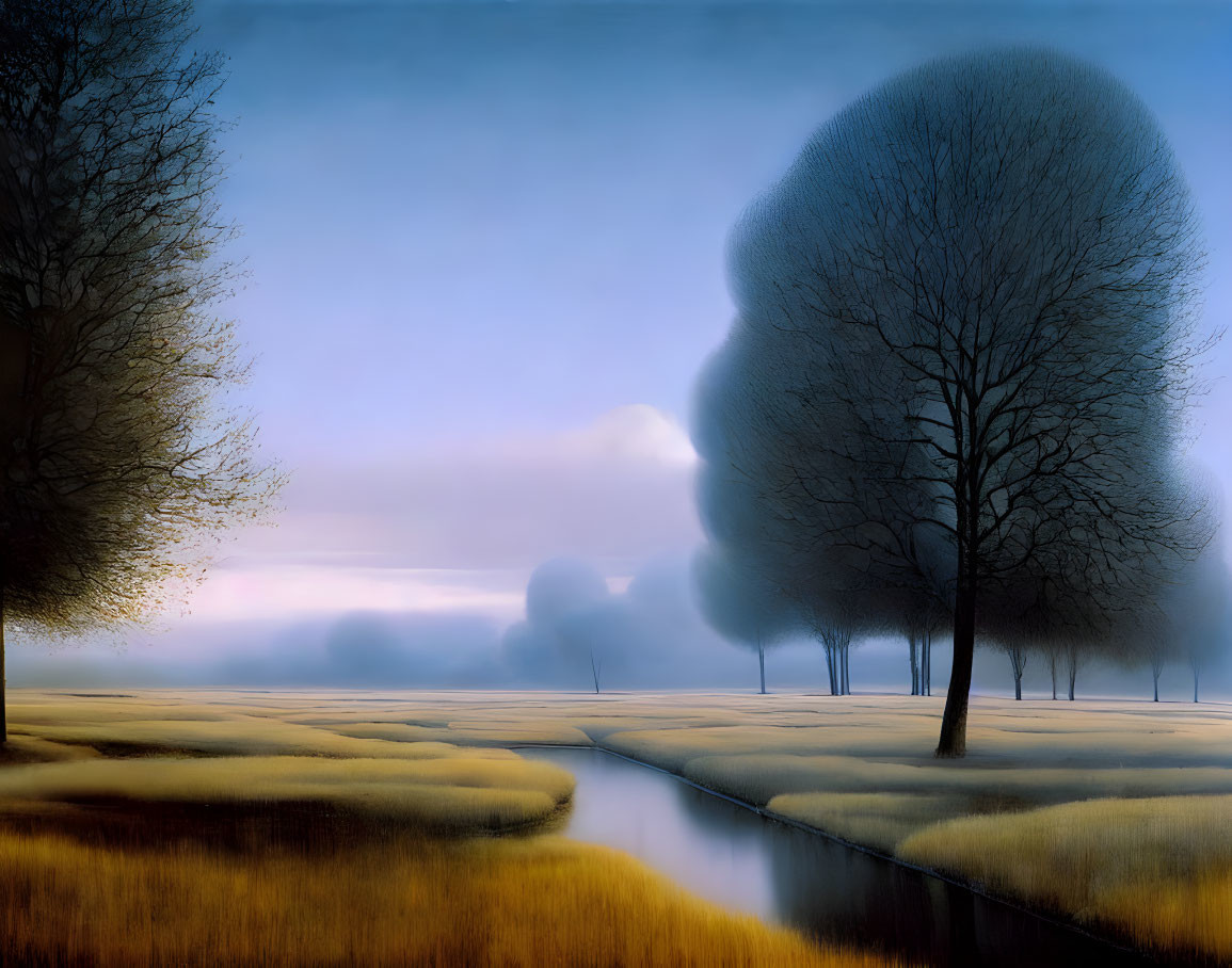 Serene dawn landscape: stream, bare trees, misty horizon, soft sky.