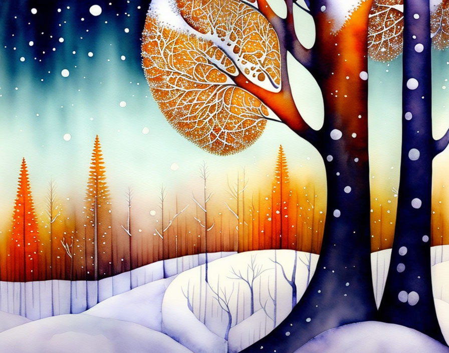 Whimsical winter landscape with snowy hills and vibrant trees