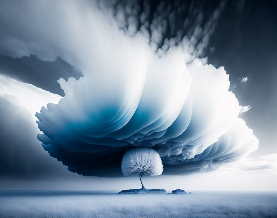 Isolated Lone Tree on Landmass with Dramatic Clouds in Blue Landscape