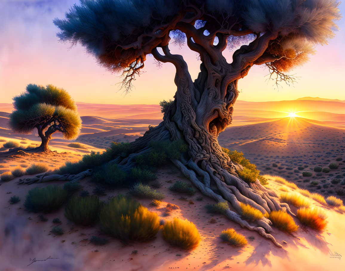 Surreal desert landscape: twisted tree, sand dunes, sunset