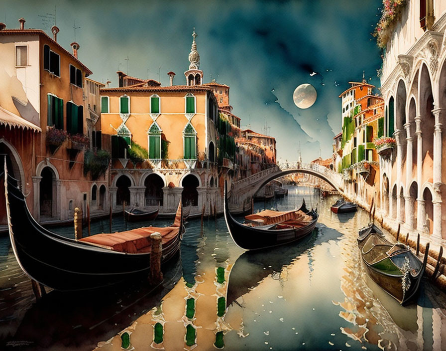 Surreal Venice painting: gondolas, colorful buildings, moon & clouds