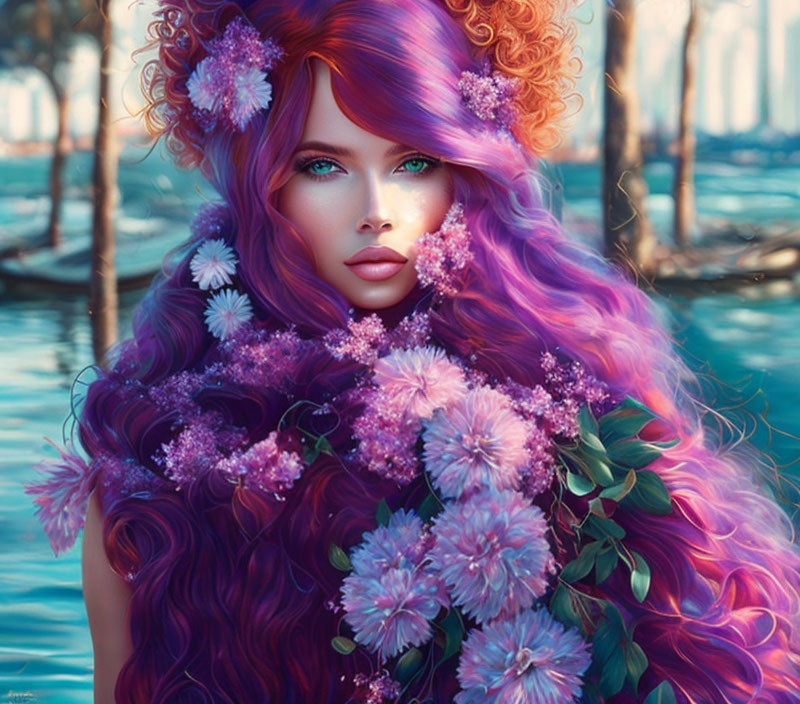 Purple-haired woman with floral hair accessories in mystical forest scene