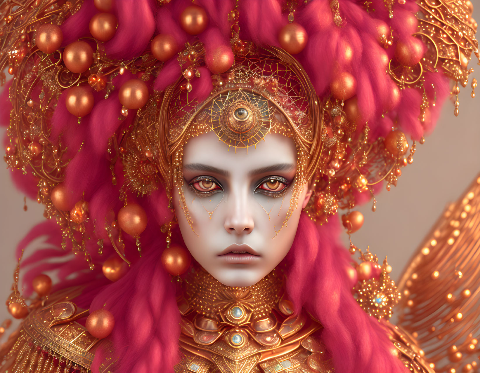 Fantasy character portrait with vibrant pink hair and gold crown.