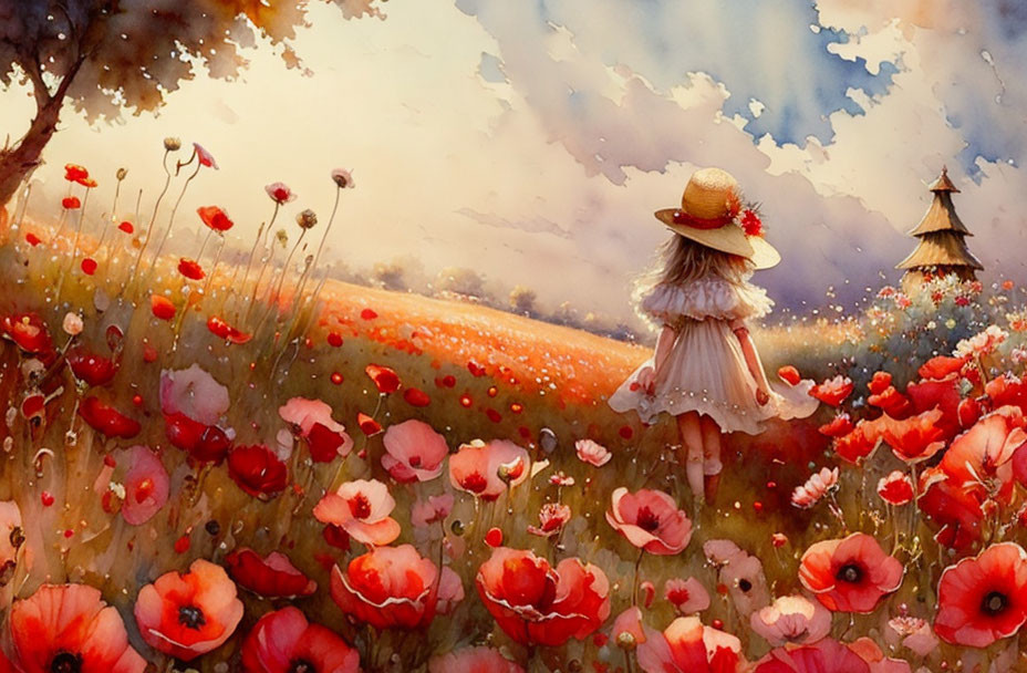 Person in white dress and straw hat in vibrant poppy field under dynamic sky with dandelion seeds