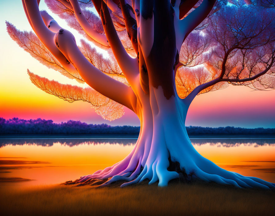 Majestic tree with widespread branches at vibrant sunset over tranquil waters