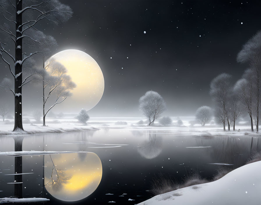 Winter night: Full moon over calm lake, bare trees, snow-covered ground, starry sky