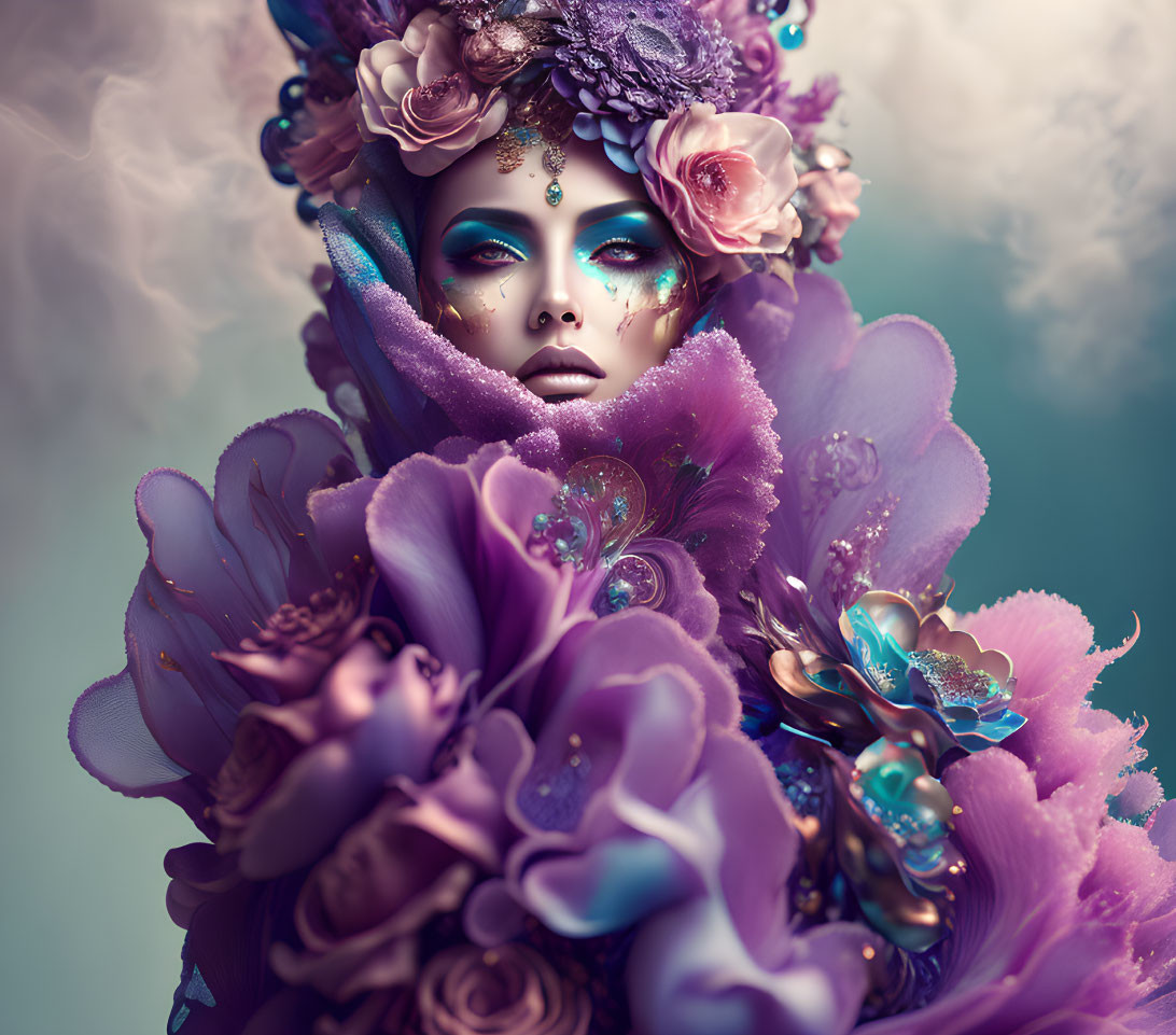 Elaborate floral-themed surreal portrait in purple and blue